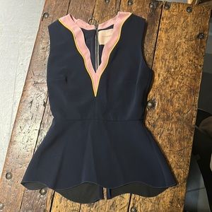 Roksanda Dark Navy Blue peplum sleeveless top with pink& yellow trim on V neck
